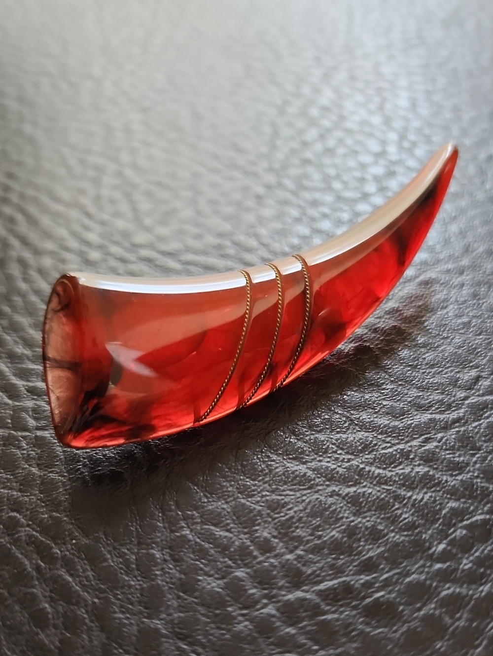 VTG Red Horn-Shaped Brooch with Gold Accent